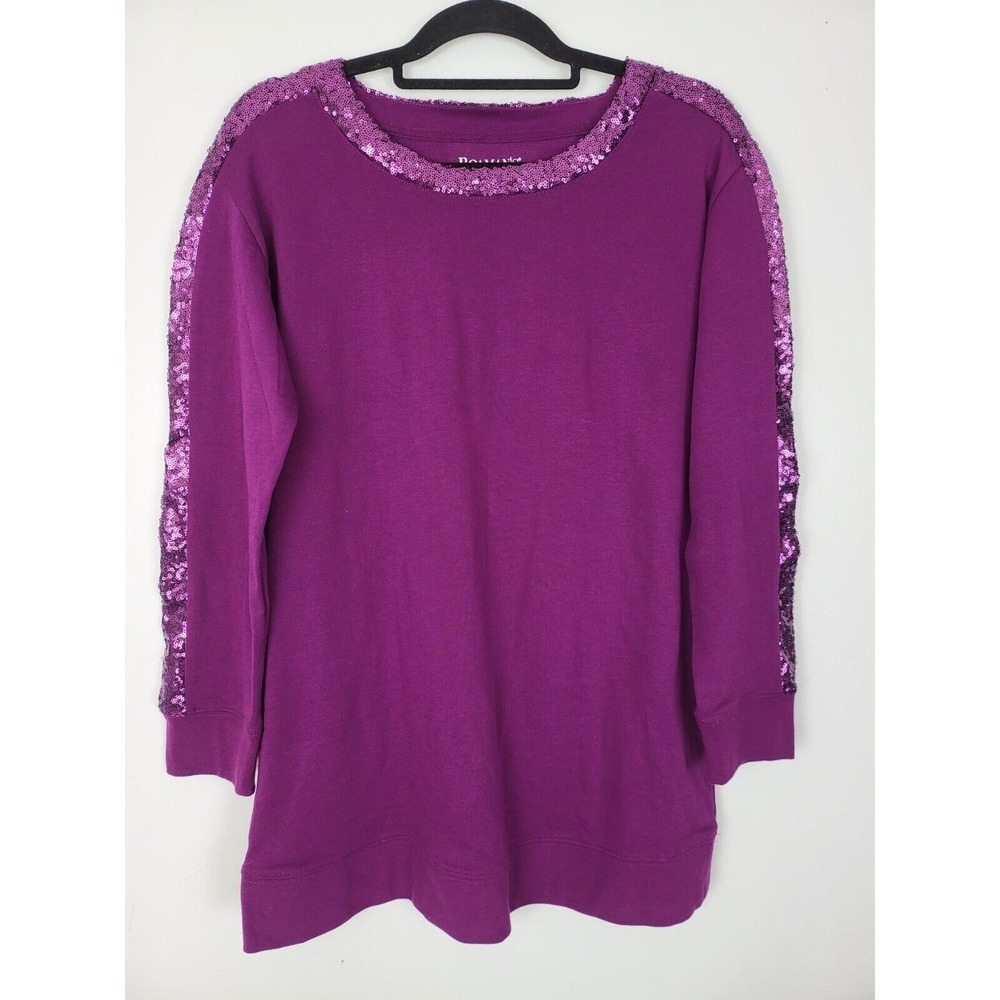 Roaman's Sweatshirt 12 Womens Purple Sequin Long Sleeve Crew Neck Pullover Top